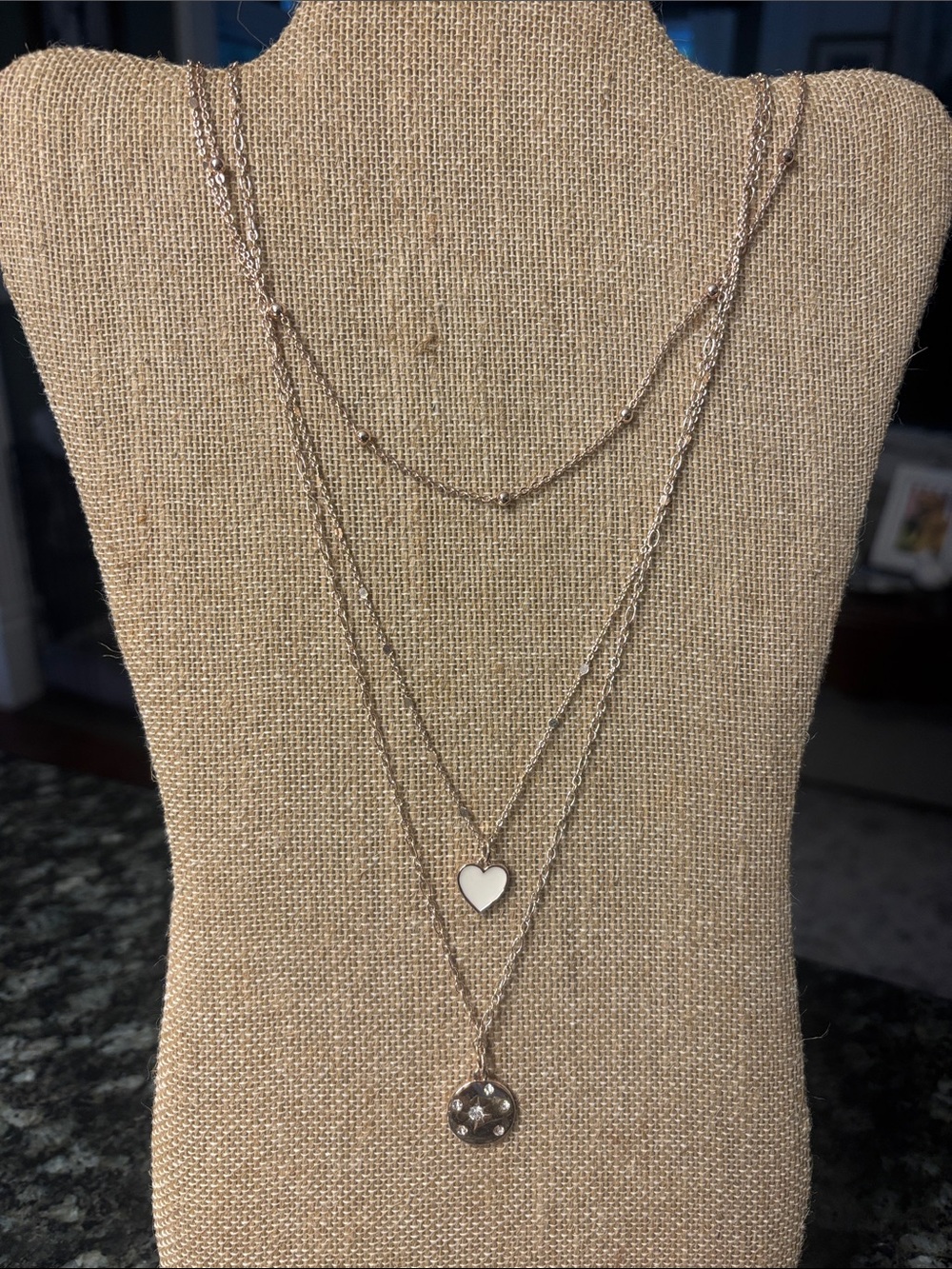 Park Lane “Galaxy”Rose Gold Layered 3-in-1 Necklace with White Heart & Star Disc